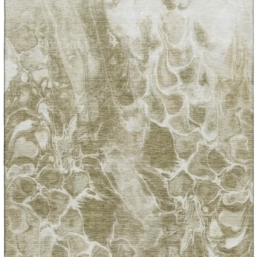 Khaki And Ivory Abstract Washable Area Rug With UV Protection Photo 3