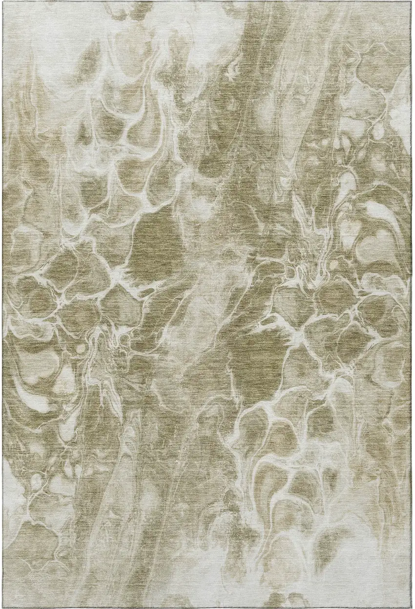 Khaki And Ivory Abstract Washable Area Rug With UV Protection Photo 4