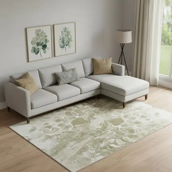 Khaki And Ivory Abstract Washable Area Rug With UV Protection Photo 2