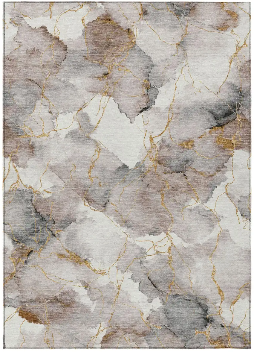 Khaki And Ivory Abstract Washable Indoor Outdoor Area Rug Photo 1