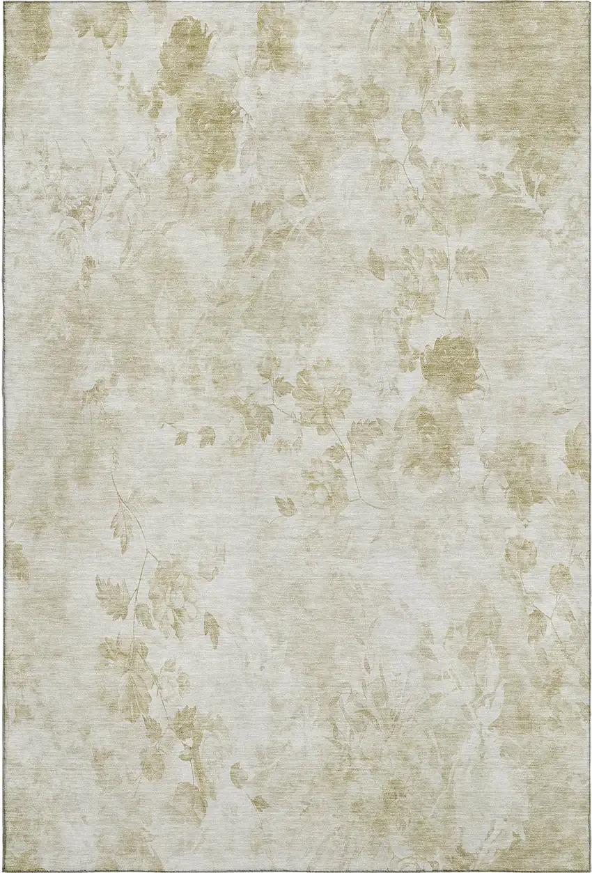 Khaki And Ivory Floral Washable Area Rug With UV Protection Photo 1