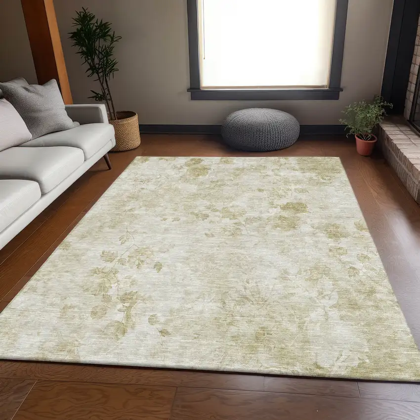 Khaki And Ivory Floral Washable Area Rug With UV Protection Photo 4