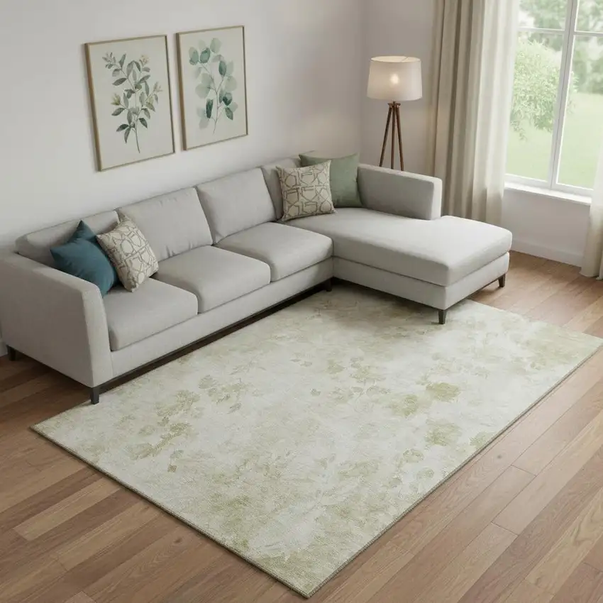 Khaki And Ivory Floral Washable Area Rug With UV Protection Photo 1