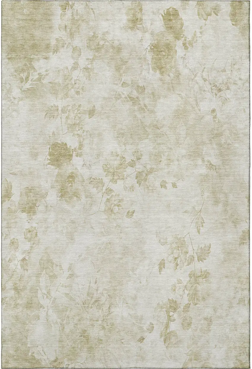 Khaki And Ivory Floral Washable Area Rug With UV Protection Photo 3