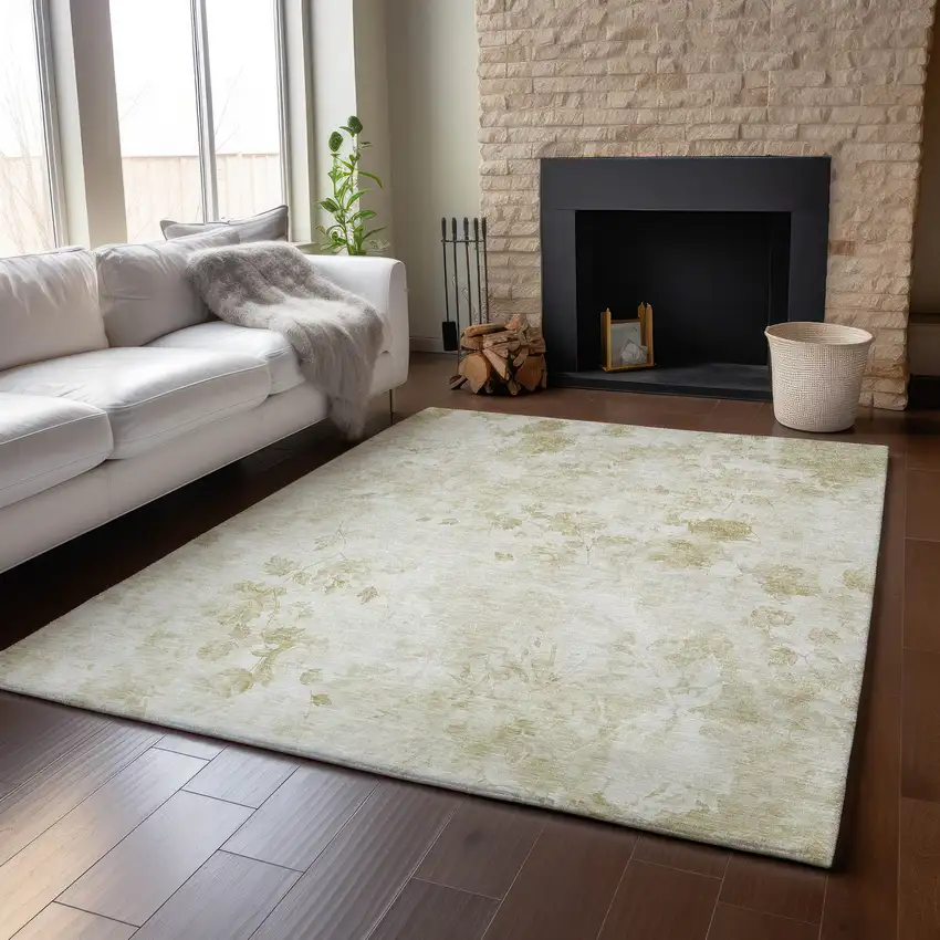 Khaki And Ivory Floral Washable Area Rug With UV Protection Photo 5