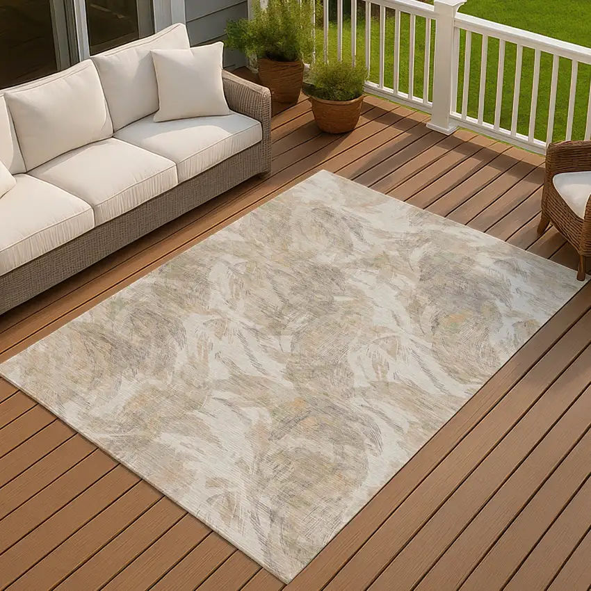 Khaki And Ivory Floral Washable Indoor Outdoor Area Rug Photo 3