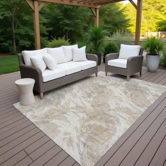 Khaki And Ivory Floral Washable Indoor Outdoor Area Rug Photo 6