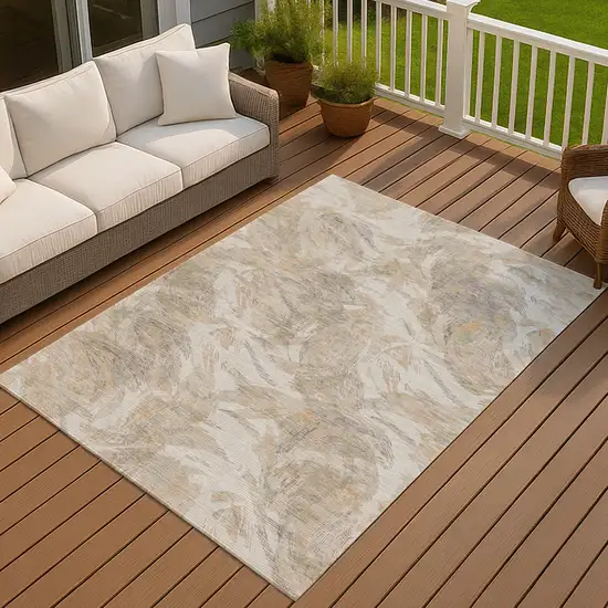Khaki And Ivory Floral Washable Indoor Outdoor Area Rug Photo 2