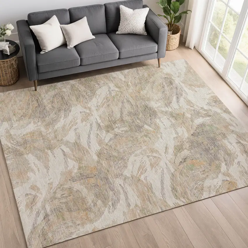 Khaki And Ivory Floral Washable Indoor Outdoor Area Rug Photo 3