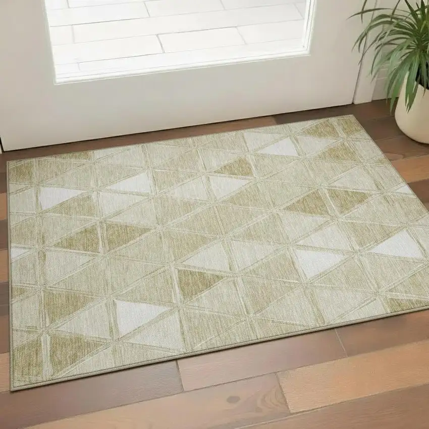 Khaki And Ivory Geometric Washable Area Rug With UV Protection Photo 1