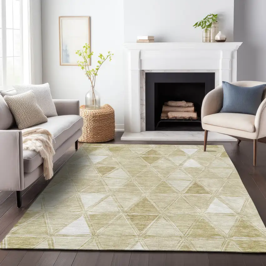 Khaki And Ivory Geometric Washable Area Rug With UV Protection Photo 4