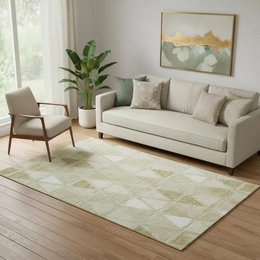 Khaki And Ivory Geometric Washable Area Rug With UV Protection Photo 1