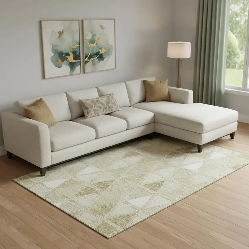 Khaki And Ivory Geometric Washable Area Rug With UV Protection Photo 1