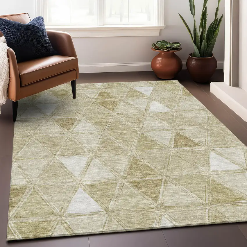 Khaki And Ivory Geometric Washable Area Rug With UV Protection Photo 5