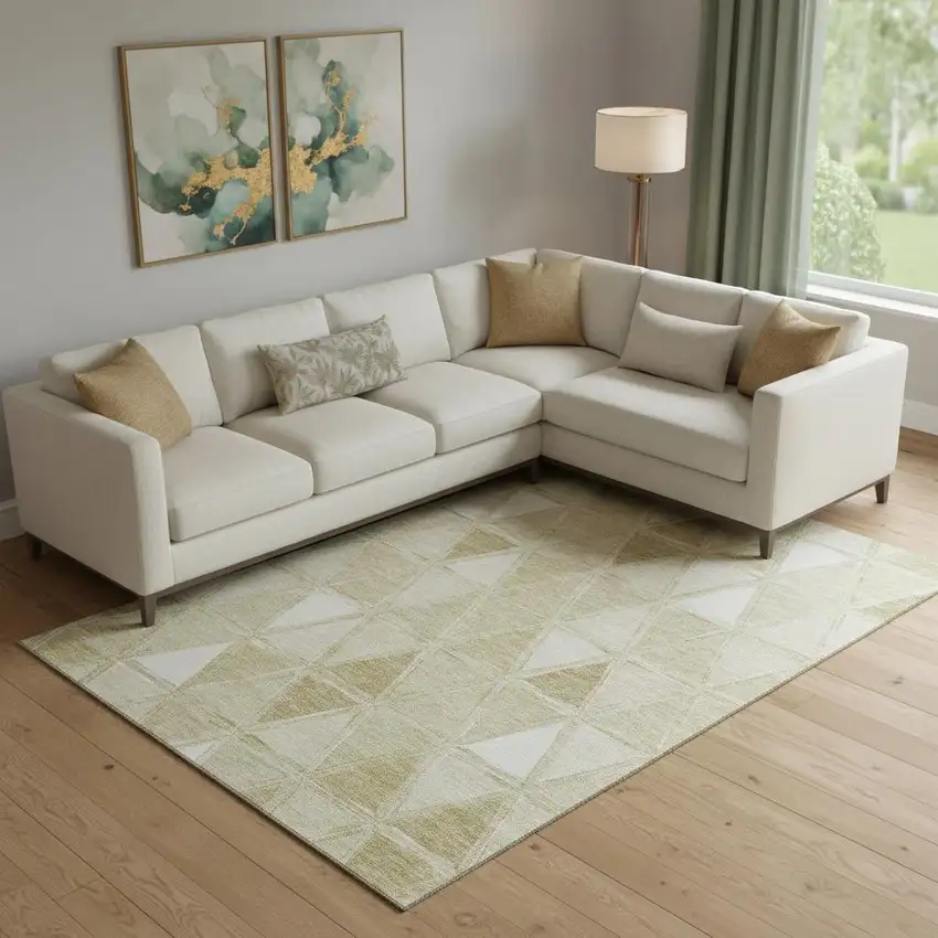 Khaki And Ivory Geometric Washable Area Rug With UV Protection Photo 1