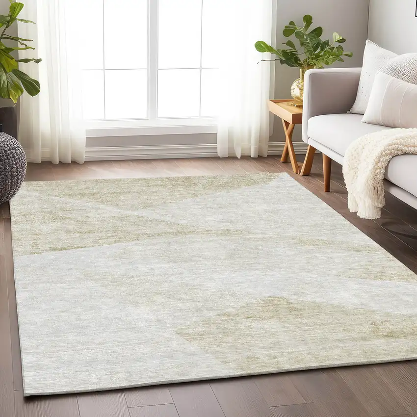 Khaki And Ivory Geometric Washable Area Rug With UV Protection Photo 5