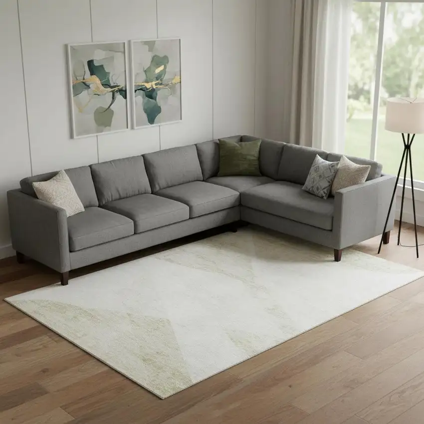 Khaki And Ivory Geometric Washable Area Rug With UV Protection Photo 1