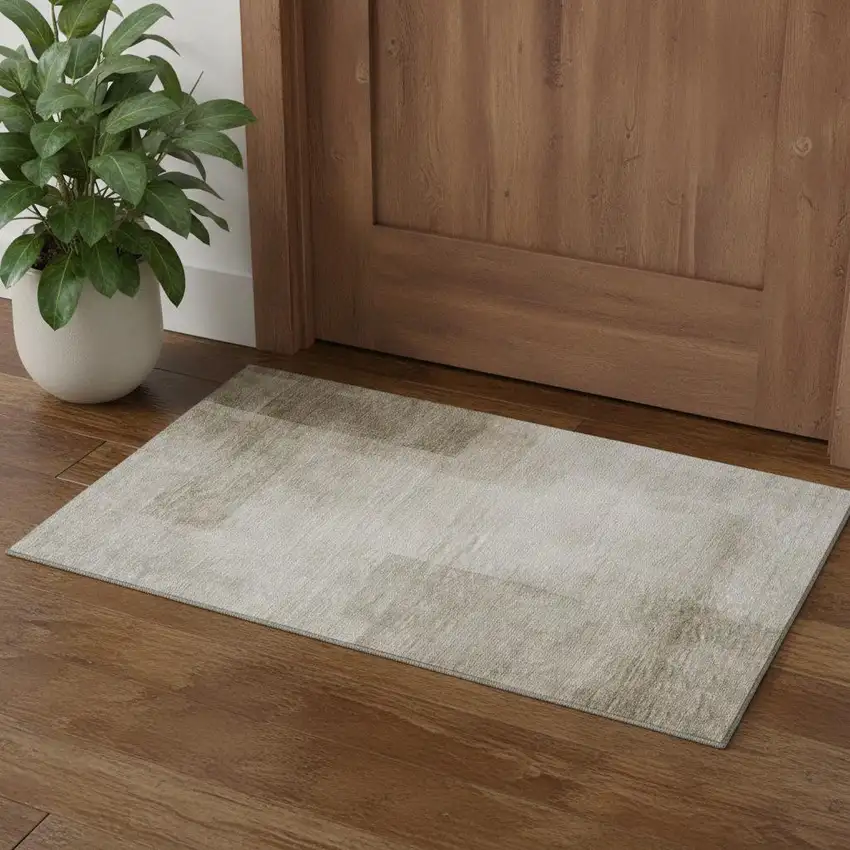 Khaki And Ivory Geometric Washable Area Rug With UV Protection Photo 1