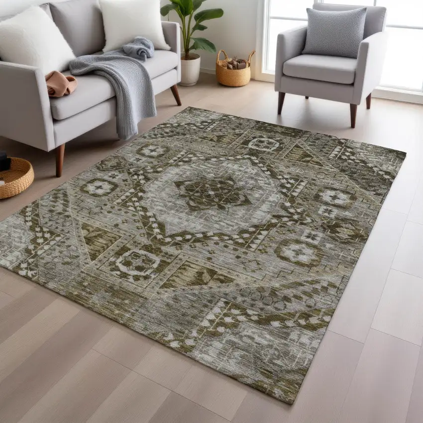 Khaki And Ivory Geometric Washable Indoor Outdoor Area Rug Photo 7