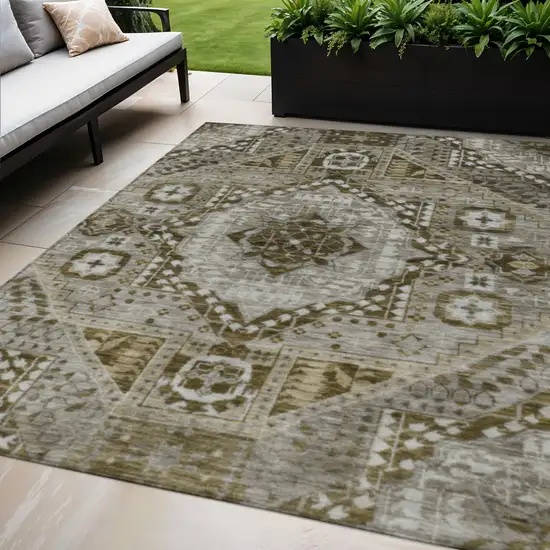 Khaki And Ivory Geometric Washable Indoor Outdoor Area Rug Photo 2