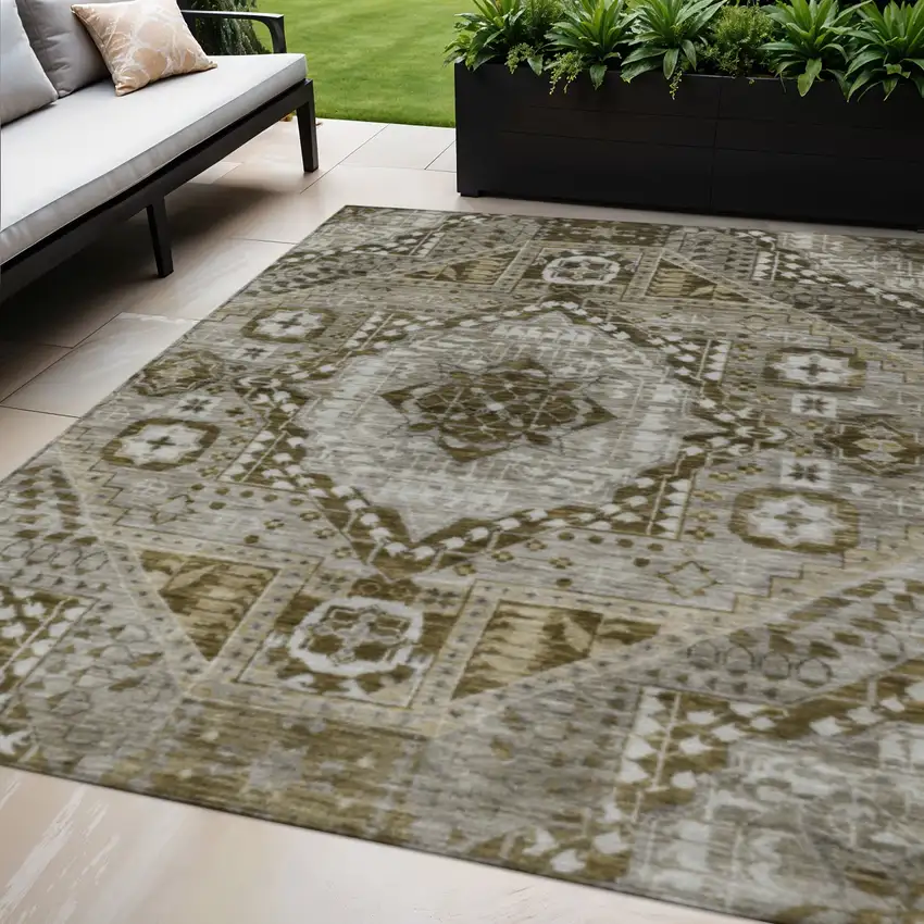 Khaki And Ivory Geometric Washable Indoor Outdoor Area Rug Photo 2