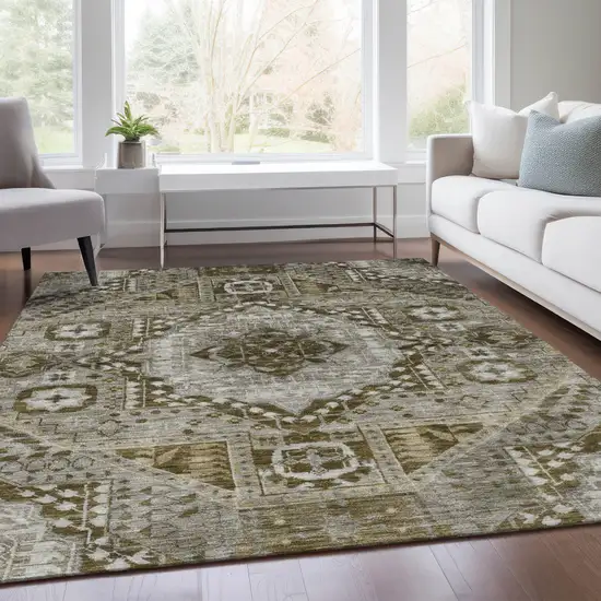 Khaki And Ivory Geometric Washable Indoor Outdoor Area Rug Photo 8