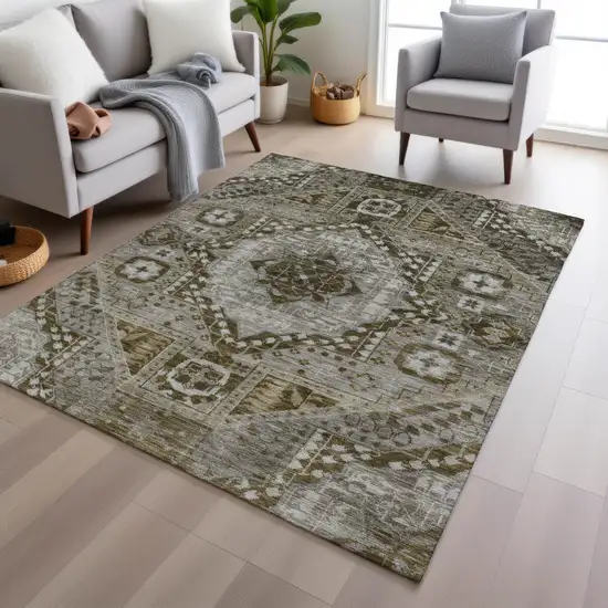 Khaki And Ivory Geometric Washable Indoor Outdoor Area Rug Photo 7