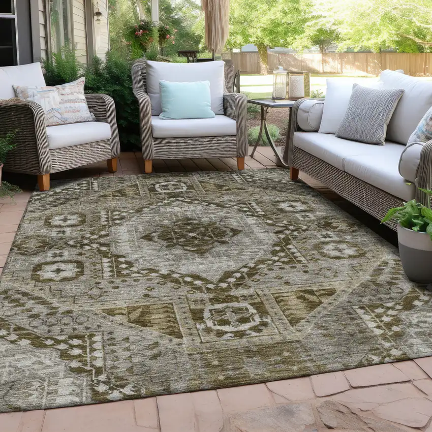 Khaki And Ivory Geometric Washable Indoor Outdoor Area Rug Photo 6