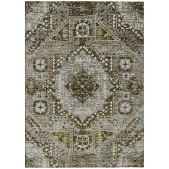 Khaki And Ivory Geometric Washable Indoor Outdoor Area Rug Photo 1