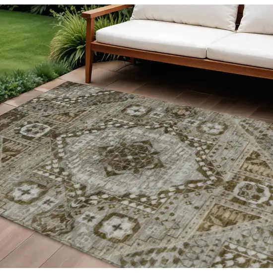 Khaki And Ivory Geometric Washable Indoor Outdoor Area Rug Photo 2