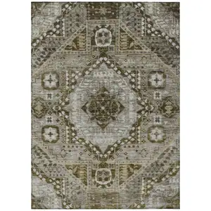 Photo of Khaki And Ivory Geometric Washable Indoor Outdoor Area Rug