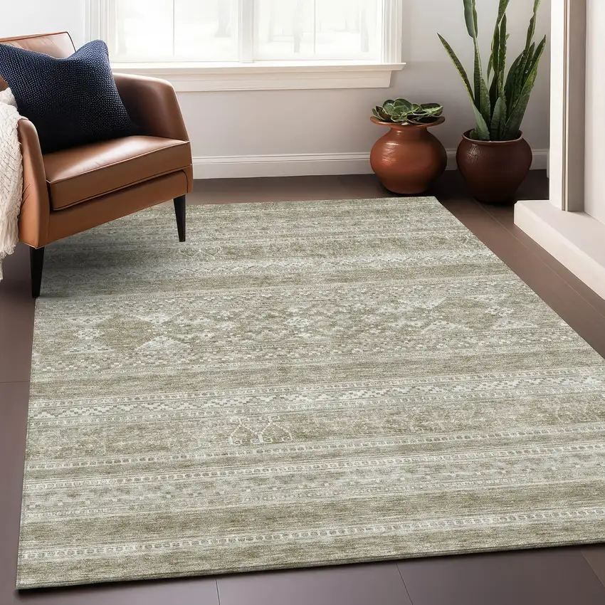 Khaki And Ivory Southwestern Washable Area Rug With UV Protection Photo 5