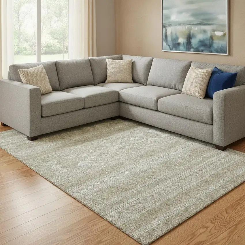 Khaki And Ivory Southwestern Washable Area Rug With UV Protection Photo 1