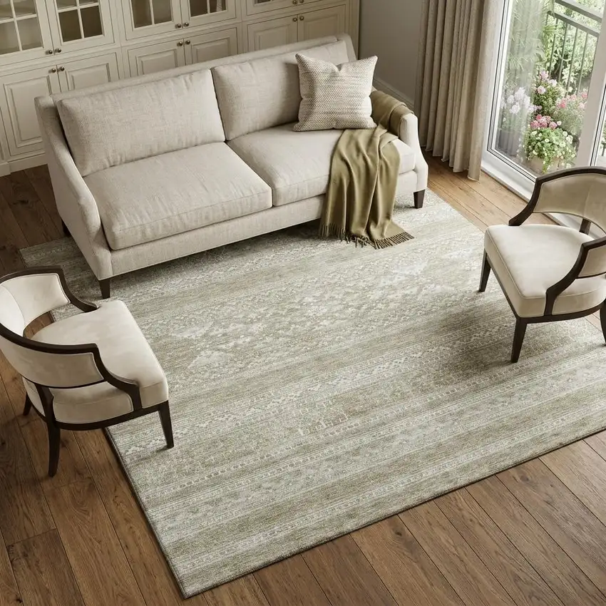 Khaki And Ivory Southwestern Washable Area Rug With UV Protection Photo 1