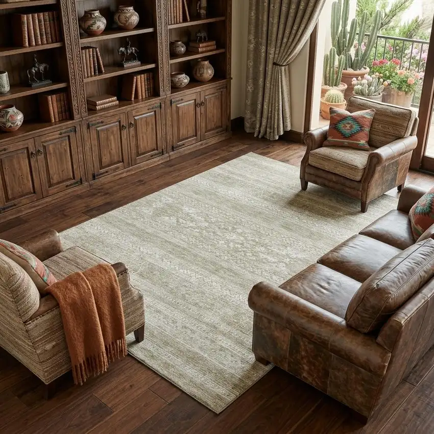 Khaki And Ivory Southwestern Washable Area Rug With UV Protection Photo 1