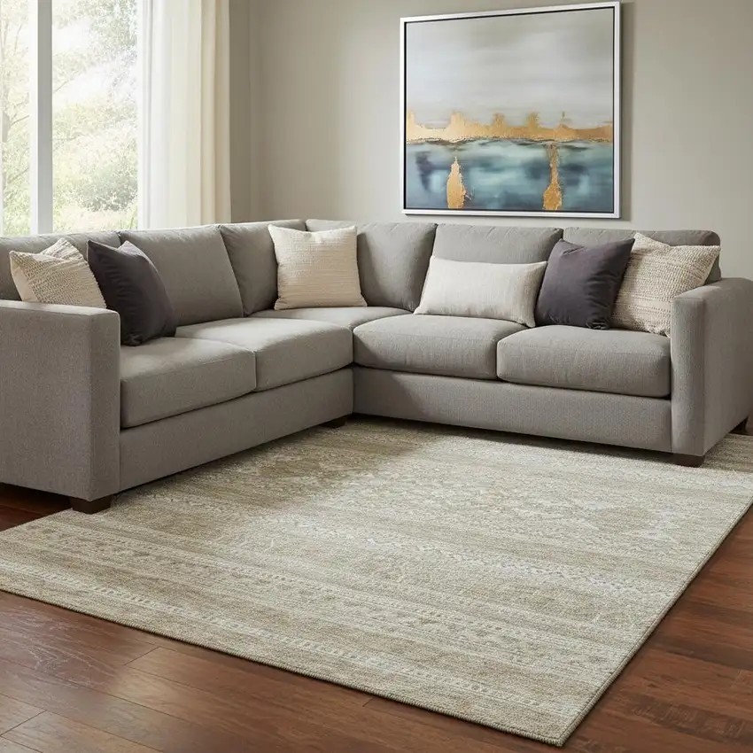 Khaki And Ivory Southwestern Washable Area Rug With UV Protection Photo 1