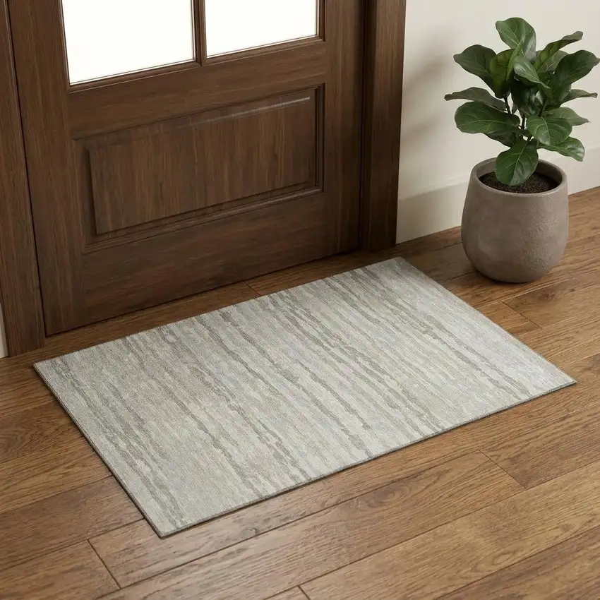 Ivory And Khaki Abstract Distressed Washable Area Rug With UV Protection Photo 1