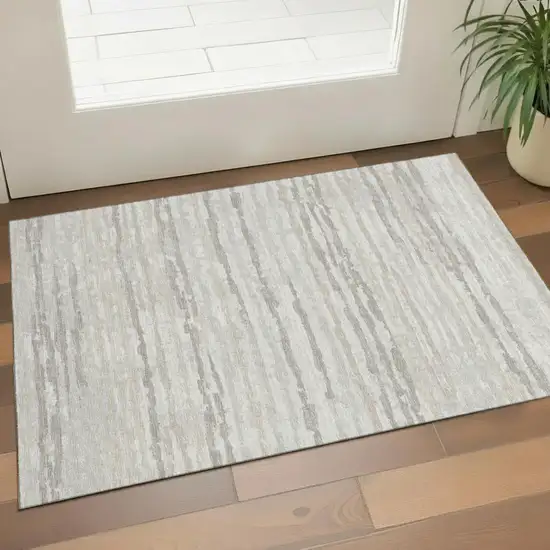 Khaki And Ivory Striped Washable Area Rug With UV Protection Photo 1