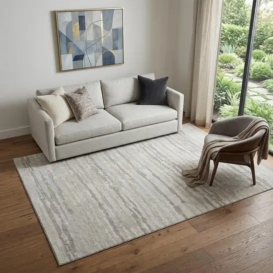 Khaki And Ivory Striped Washable Area Rug With UV Protection Photo 1