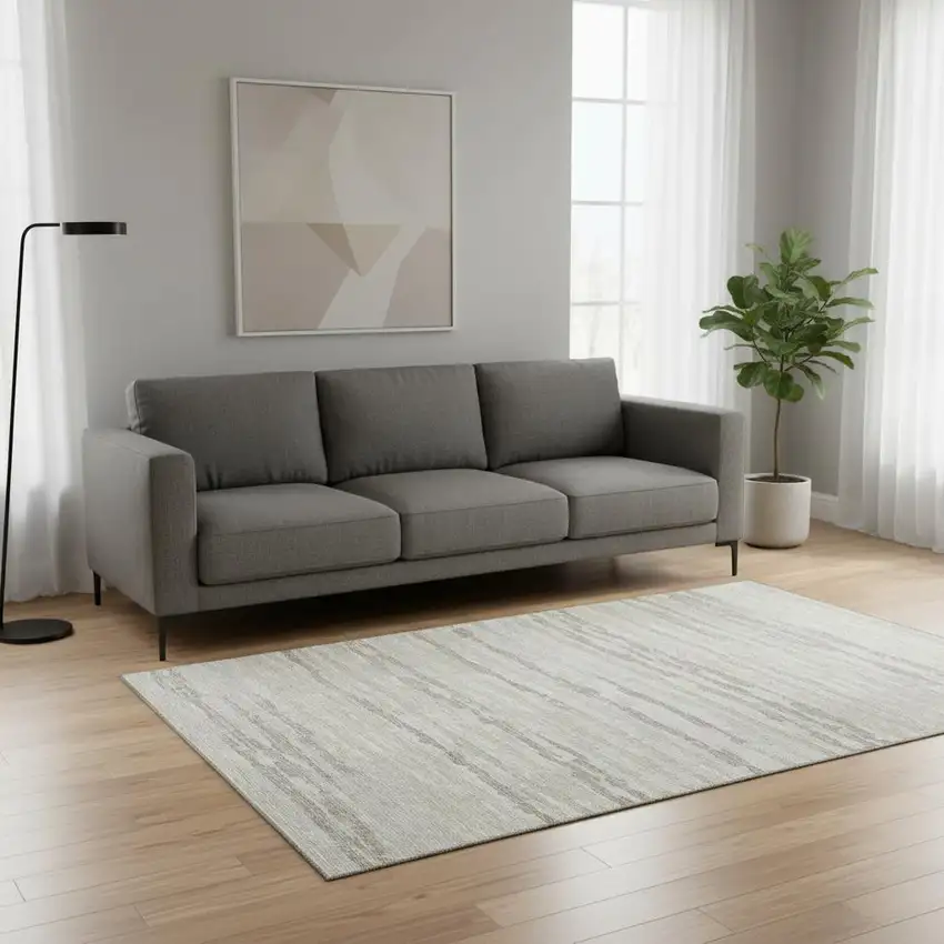 Khaki And Ivory Striped Washable Area Rug With UV Protection Photo 1