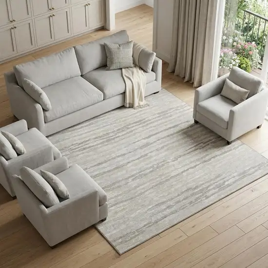 Khaki And Ivory Striped Distressed Washable Area Rug With UV Protection Photo 1