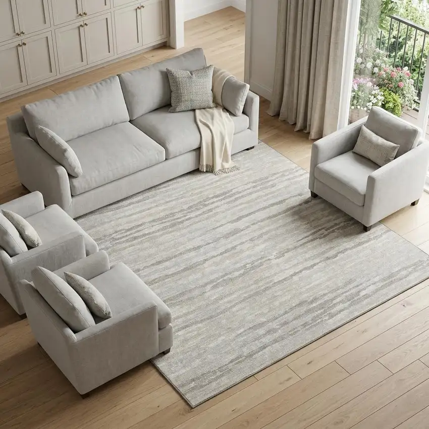 Khaki And Ivory Striped Distressed Washable Area Rug With UV Protection Photo 1