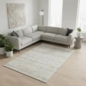 Photo of Khaki And Ivory Striped Washable Area Rug With UV Protection