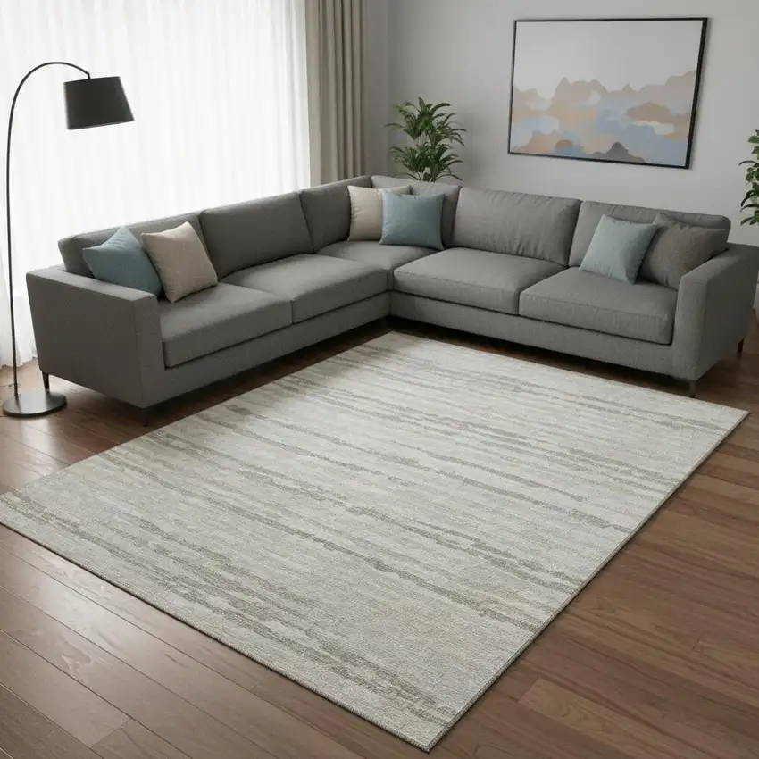 Khaki And Ivory Striped Washable Area Rug With UV Protection Photo 1