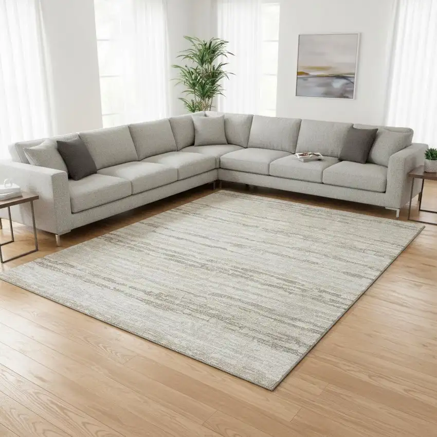 Khaki And Ivory Striped Washable Area Rug With UV Protection Photo 1