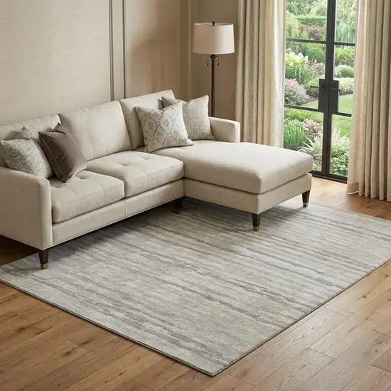 Khaki And Ivory Striped Washable Area Rug With UV Protection Photo 1