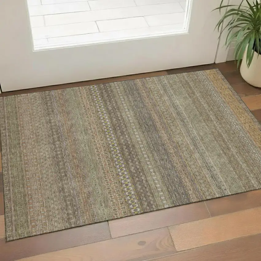 Khaki And Ivory Striped Washable Area Rug With UV Protection Photo 1