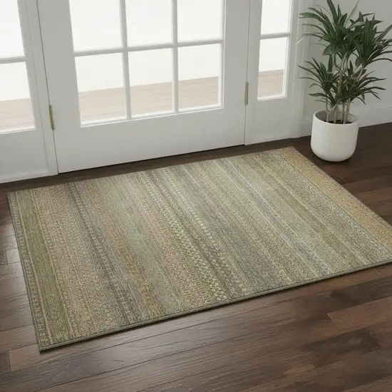 Khaki And Ivory Striped Washable Area Rug With UV Protection Photo 1