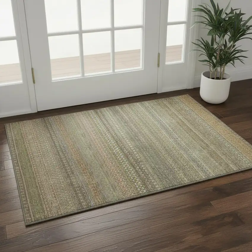 Khaki And Ivory Striped Washable Area Rug With UV Protection Photo 1