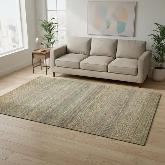 Khaki And Ivory Striped Washable Area Rug With UV Protection Photo 2